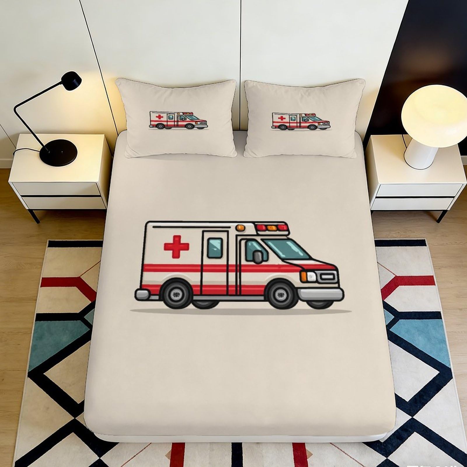 3D Printed Ambulance Cartoon Fitted Sheet Microfiber Soft Mattress Cover for Bedroom Dorm Bed Decor Dustproof Washable 90x200x25cm