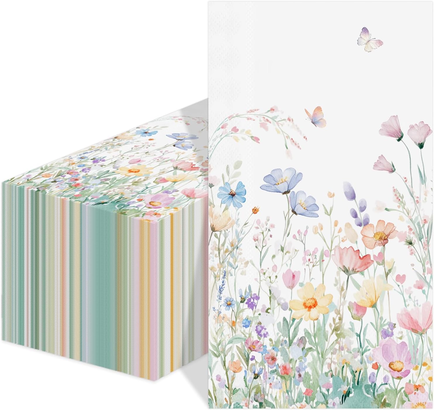 100 Pcs Floral Guest Napkins Watercolor Wild Flower Paper Napkins Spring Flower Butterfly Decorative Bathroom Napkins Disposable Paper Hand Towels for Wedding Birthday Party Baby Shower Gift，4.3"*7.8"
