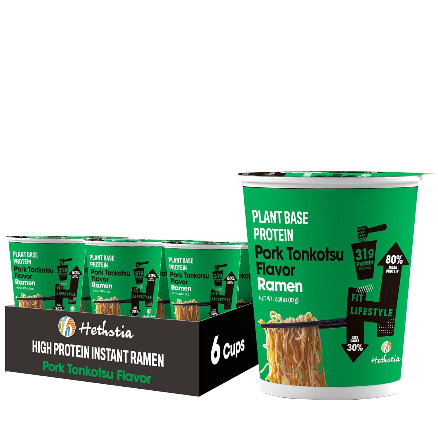 Hethstia Protein Ramen, Plant-Based Protein(31g), 6 Packs Quick Meal Pork Tonkotsu Broth, Vegan, Non-Fried, Low Fat Aisa Ramen Soup, Healthy Food, Holiday Gifts