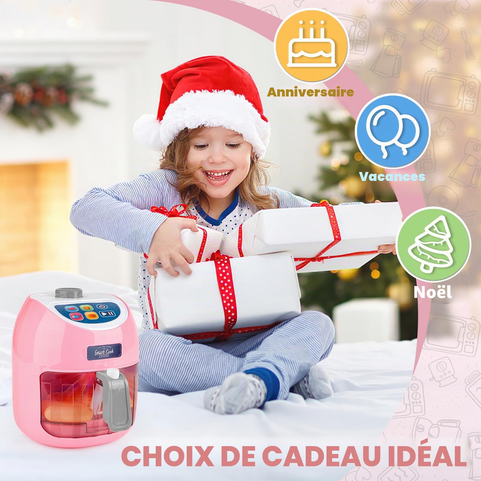 deAO Friteuse à Air Jouet, Ensemble de Cuisine avec Sons, Lumières (Rose) | Aliments Changeant de Couleur, Matériaux Sûrs, sans Bords Tranchants, pour Garçons et Filles, Cadeau Enfant