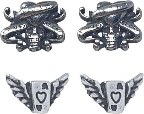 Ed Hardy Unisex Adult Silver Tone Earrings with Wings and Skulls