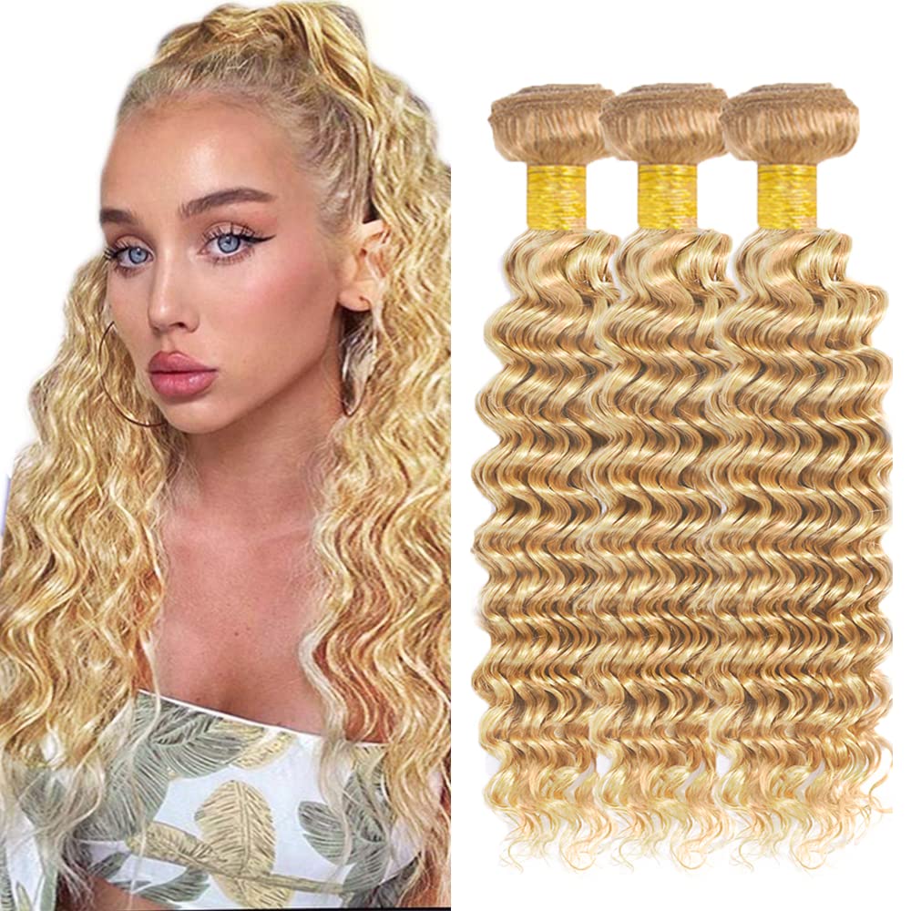 Creuost p27/613 Highlights Blonde Color Human Hair Bundles 24 26 28 Inch Can be Dyed Double Weft Brazilian Virgin Human Hair Extension Deep Wave Weave 3 Bundles Total 300g