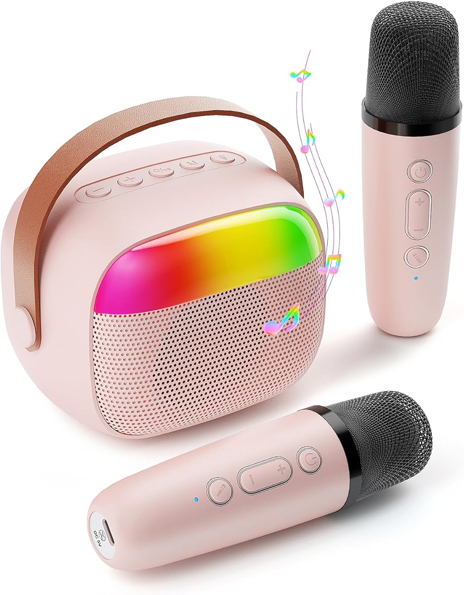 Mini Karaoke Machine for Kids, Toy for Girls Portable Bluetooth Speaker with 2 Wireless Microphones, Fashion Toy Gifts for Christmas Birthday, for 3 4 5 6 7 8+ Year Old Girls Gifts(Pink)