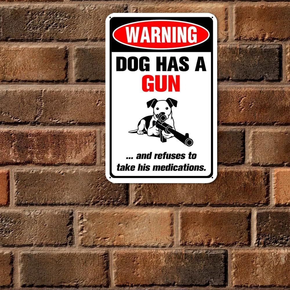 Funny Dog & Cat Has a Gun Won't Take Meds Aluminum Sign, 12x16 Inch Humorous Metal Wall Art, Gifts for Pet Lovers, Unique Warning Decor for Home, Bar, Garage, Yard image 3