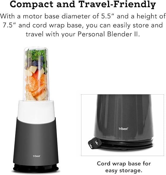 Tribest PB-430GY-A Personal Blender II, Mason Jar Ready Personal Blender with Mason Jar Mug, Gray