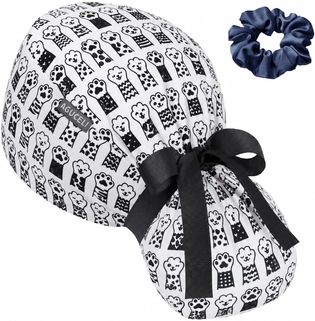 Satin Lined Scrub Cap for Women – Ponytail Holder & Buttons, Adjustable Nurse Cap with Sweatband for Long Hair (Ivory)