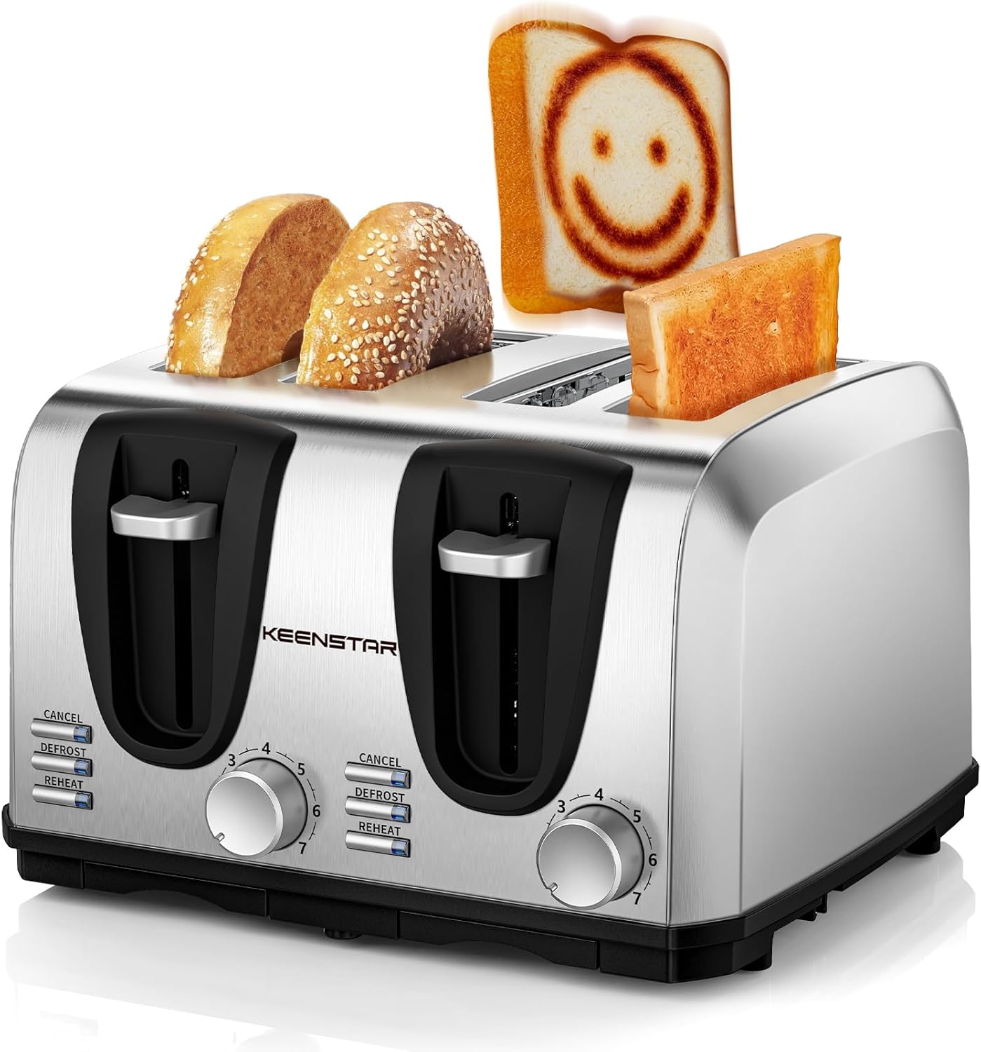 Keenstar Toaster 4 Slice, Bread Toaster with Dual Control Panels Extra-Wide Slot of Bagel/Defrost/Cancel Function, 7 Toasting Bread Shade Settings, Removable Crumb Trays, Auto Pop-Up, Stainless Steel