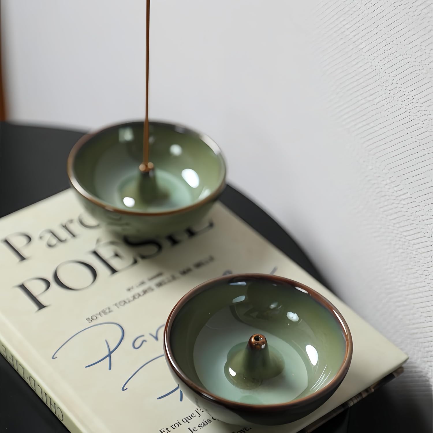 Vintage Green Ceramic Incense Holder Bowl - 3 Inch Round Incense Burner for Meditation, Home Decor, Ash Catcher with Center Hole for Thin Sticks (Green)