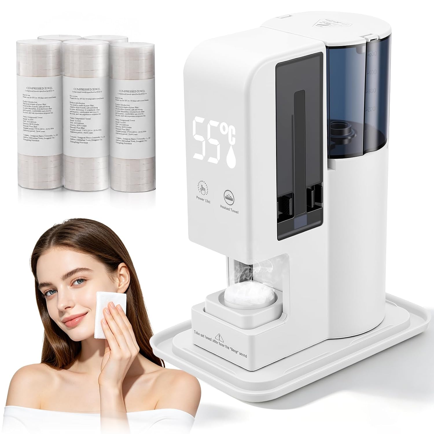 Hot Face Towel Dispenser, 131°F Constant Temp Towel Warmer with 100 Towels | 5-10s steam heat at 131°F(55°C); Smooth auto dispensing; Includes 100 compressed towels, drip tray; Wall-mountable.