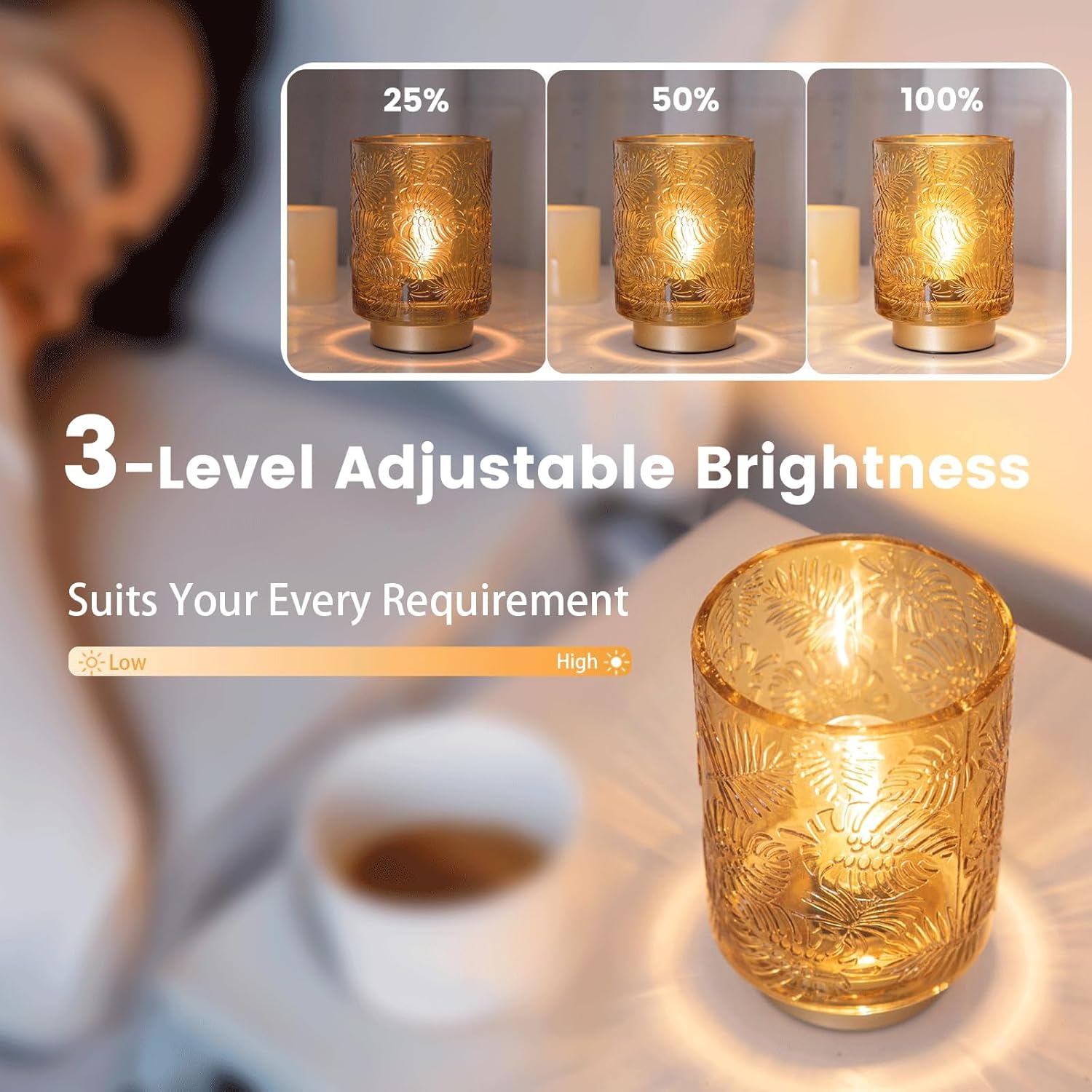 ULAROOM Battery Operated Small Cordless Table Lamps with Remote Control, Dimmable Brightness Wireless Lamp with Timer, Glass Battery Powered Lamp for Bedroom Living Room Home Decor Golden Amber