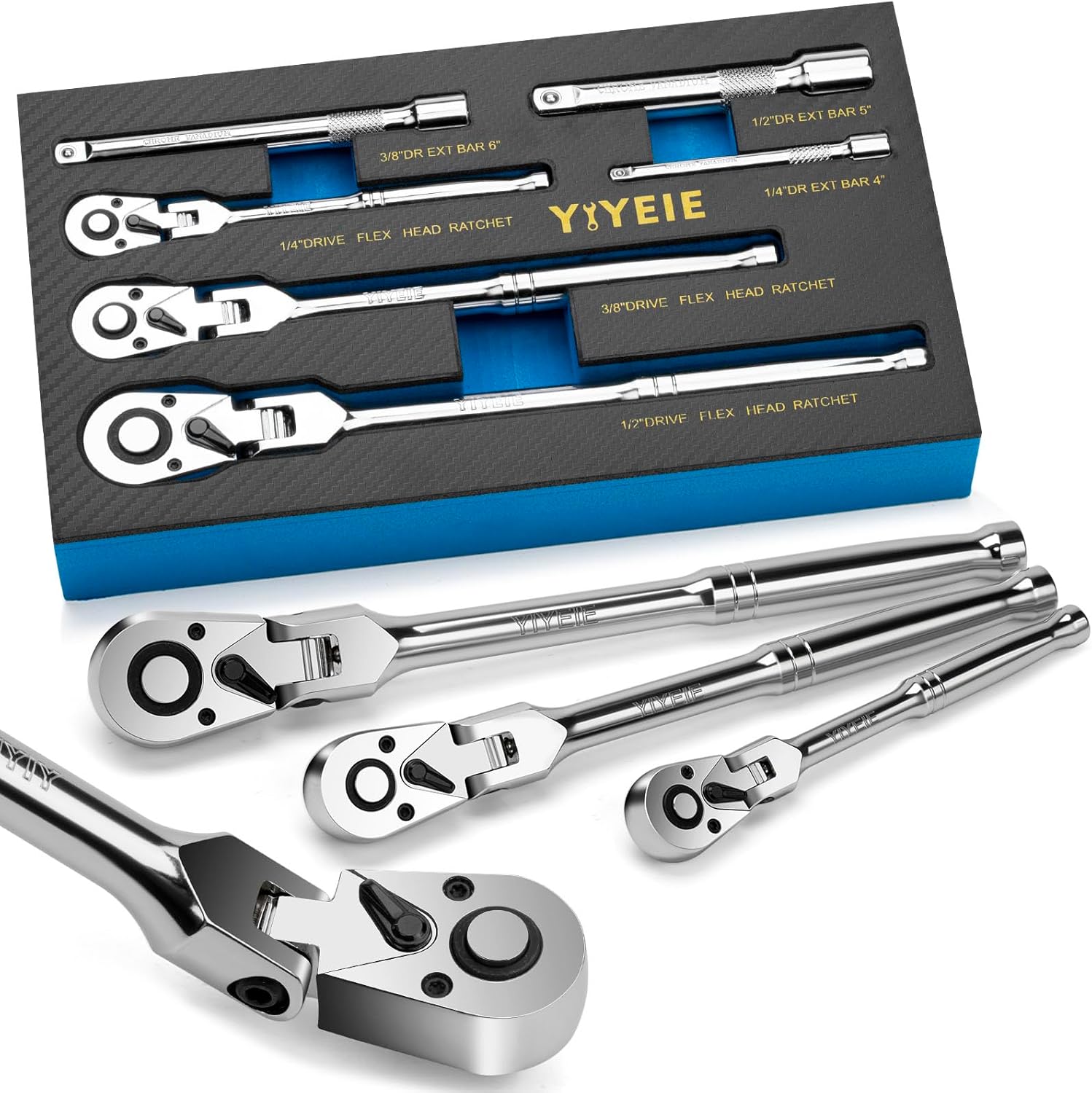 YIYEIE 6Piece Flex Head Ratchet Set, 1/4", 3/8", 1/2" Drive, Swivel