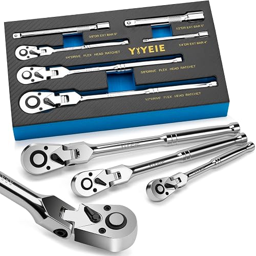 6-Piece Flex Head Ratchet Set, 1/4", 3/8", 1/2" Drive, Swivel Head Ratchet Wrench with Extension Bar, 72 Tooth, 180° Adjustable, Quick-Release, Flexible Ratchet Handle with EVA Foam