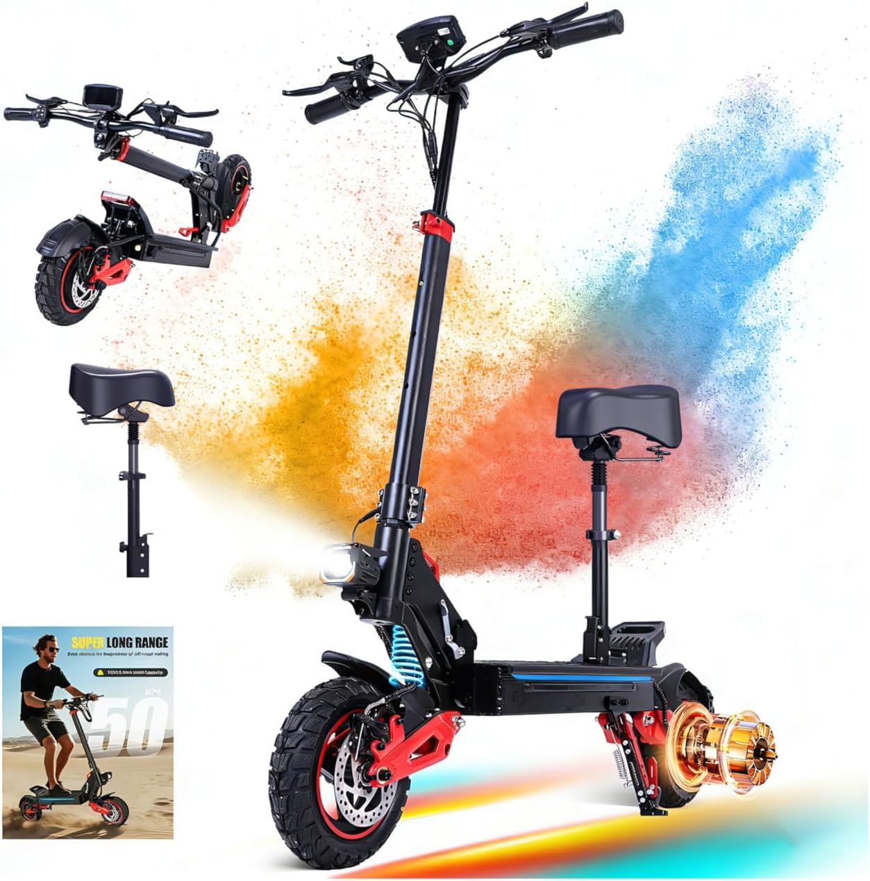 Electric Scooter for Adults, 1600W Peak Motor, 48V 18Ah Battery, 31 MPH, 28-31 Mile Range, Dual Suspension, IPX5, Seat, Foldable Commuting E-Scooter, 10.5-inch Off-Road Pneumatic Tires