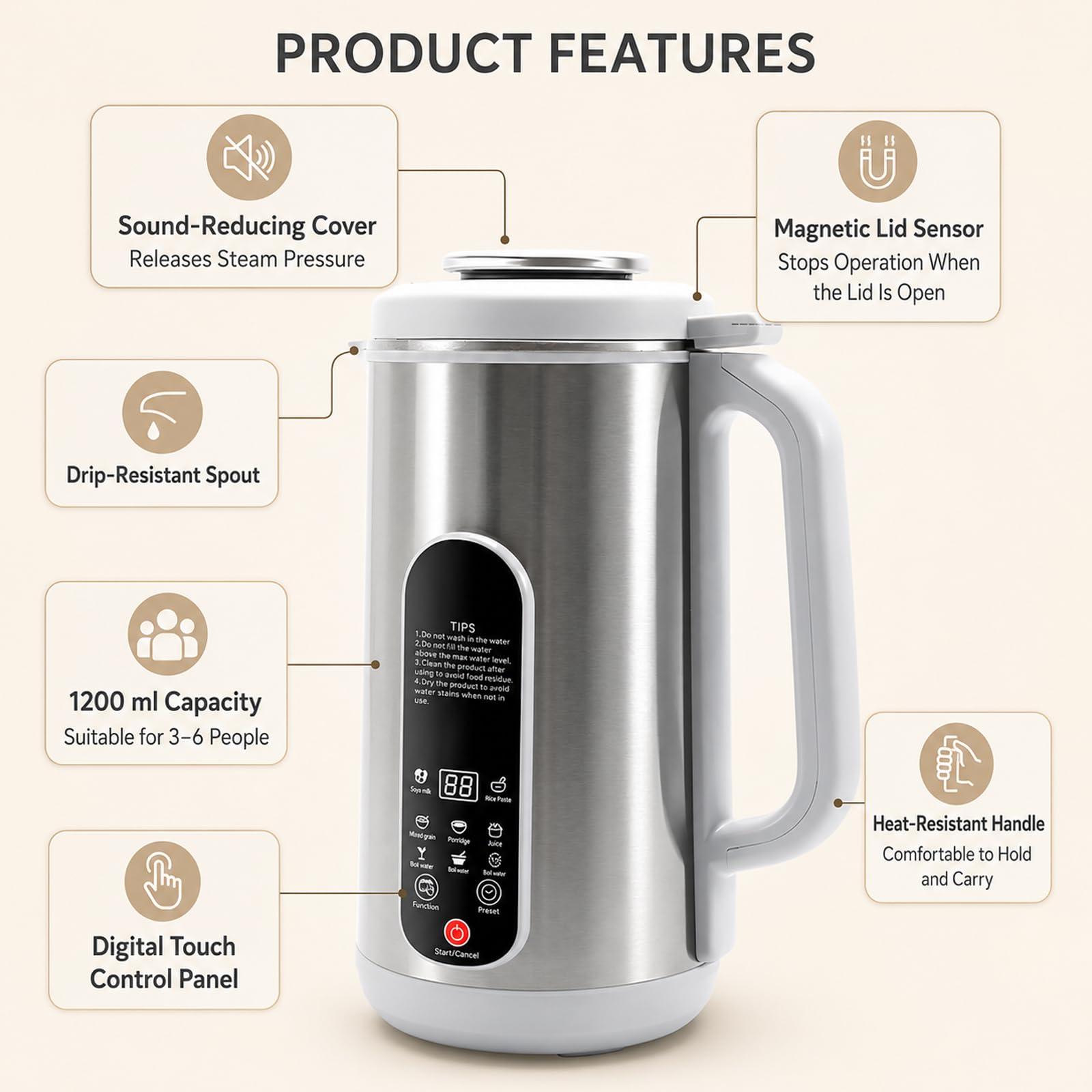 Macchina per Latte Vegetale 1,2 L, Latte di Soia con Timer 24 Ore e LED | 12 Lame in Acciaio Inox, Frullatura in 5 Min Senza Ammollo, Mantenimento Caldo e Autopulizia per Casa e Famiglia