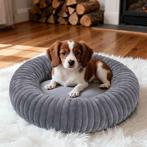 Miniatura 8 de Camas calmantes para perros grandes, cama para perros acolchonada de dona de piel sintética, almohada redonda y esponjosa, cama lavable para