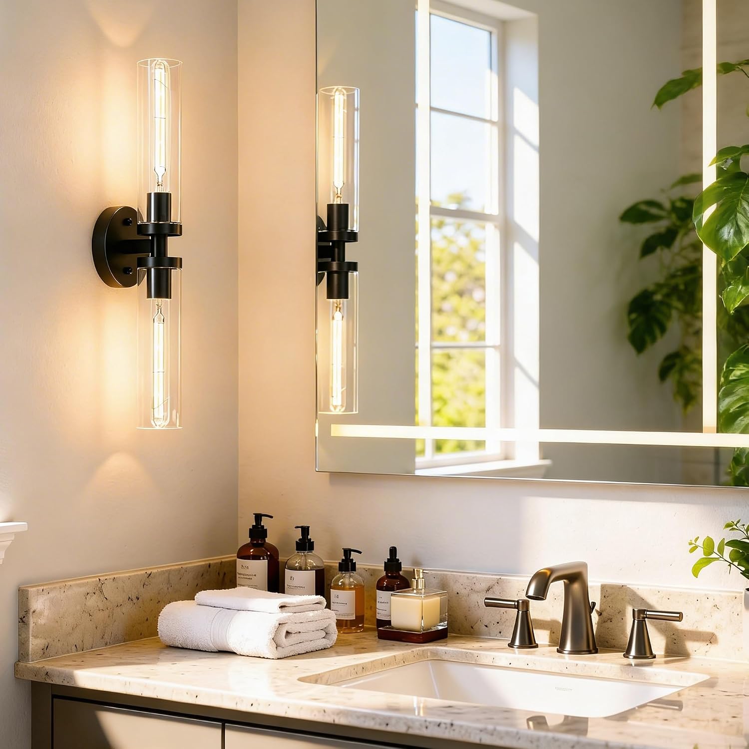 Wall Sconces Set of 2, Hardwired Bathroom Light Fixtures, Modern Bathroom Vanity Wall Lighting with Clear Glass Shade, Farmhouse Wall Sconce for Mirror Bedroom Hallway, Matte Black, E26 Base