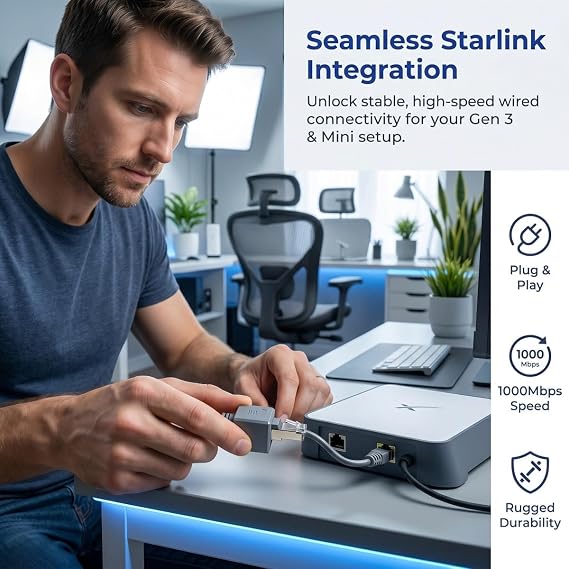 Starlink Ethernet Adapter Gen 3/Mini, 1000 Mbps RJ45 Extension Male to Female Cable for Starlink V3 (Rev.4) Dish and Router Accessories Plug for House Indoor