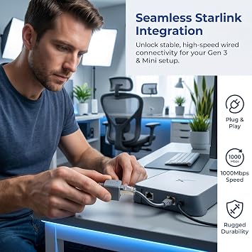 Starlink Ethernet Adapter Gen 3/Mini, 1000 Mbps RJ45 Extension Male to Female Cable for Starlink V3 (Rev.4) Dish and Router Accessories Plug for House Indoor