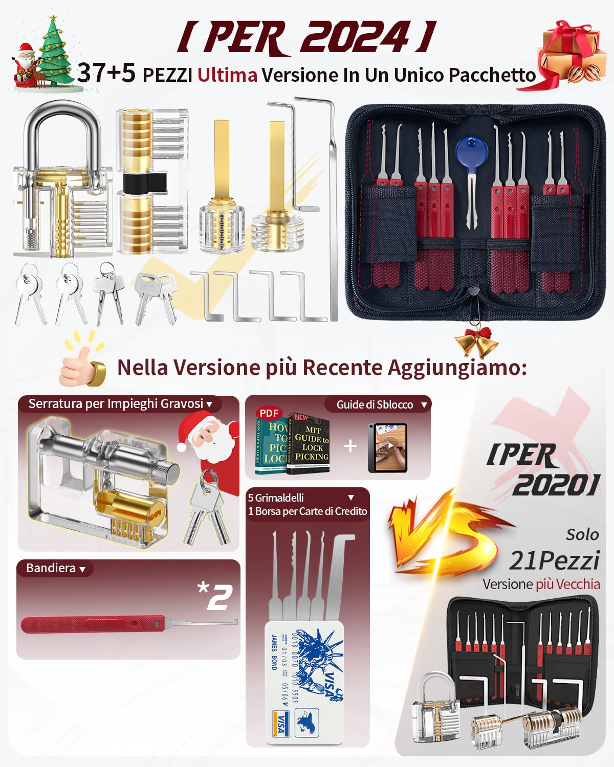 Eventronic Set Grimaldelli da 37+5 Pezzi, [2024 Nuova Edizione Pioneer & Nuova Esperienza Lockpick] Kit Scassinatore con 5 Trasparente Lucchetto, Lockpicking Set per Fabbri Principianti ed Esperti