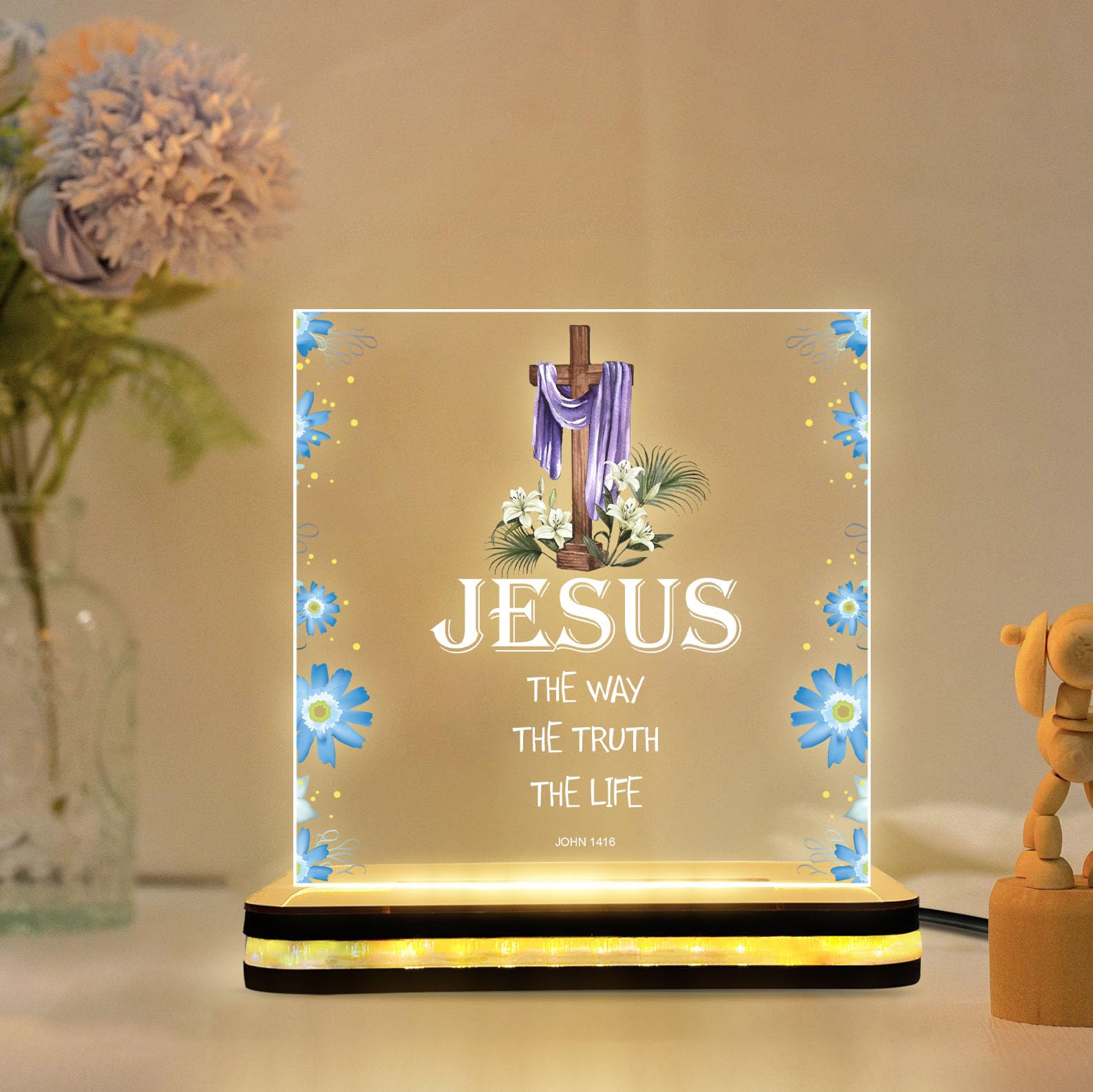 "Jesus The Way The Truth The Life Floral Acrylic Night Lamp | Bible Verse LED Lamp | Motivational Table Decorative for Bedroom, Living Room, Office | Christian Decor Gift (5.5x5.5 Inch)-image-19
