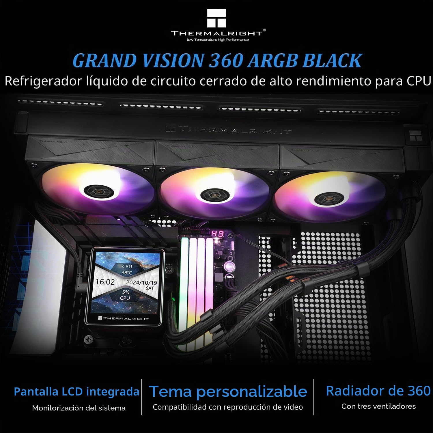 Thermalright Grand Vision 360 ARGB - Ventilador para CPU AIO, sistema de refrigeración por agua para PC 360, pantalla LCD IPS con resolución de 480 x 480 y 3,4 pulgadas, para AM5, Intel 1700/1851,