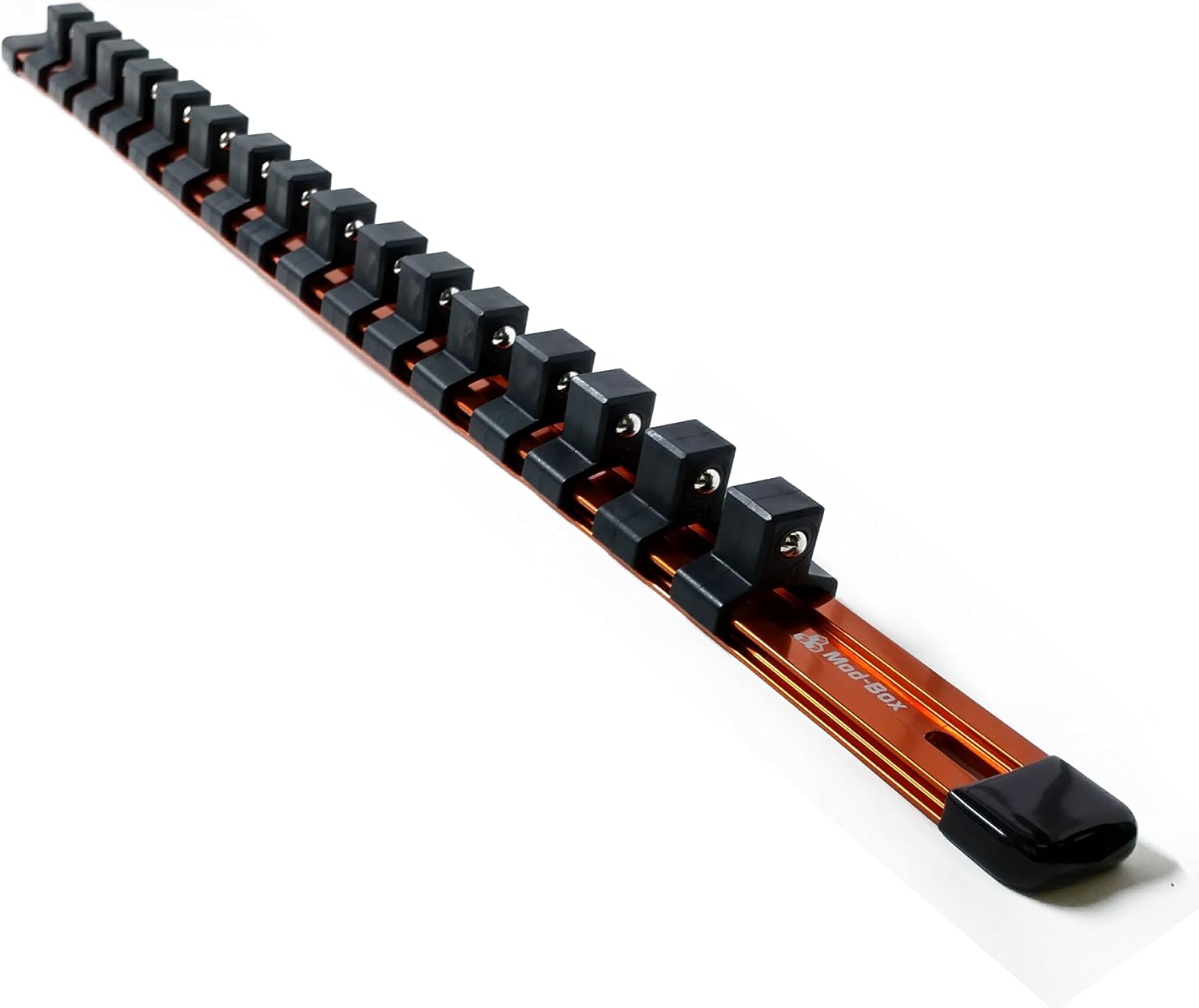 Socket Organizer | 1/2, 3/8, 1/4 Inch Drive | 18, 20, and 24 Clips | Professional Grade Heavy Duty 17 Inch Anodized Aluminum Build | Max Amount of Clips Included | By Mod-Box (1/2, Orange)