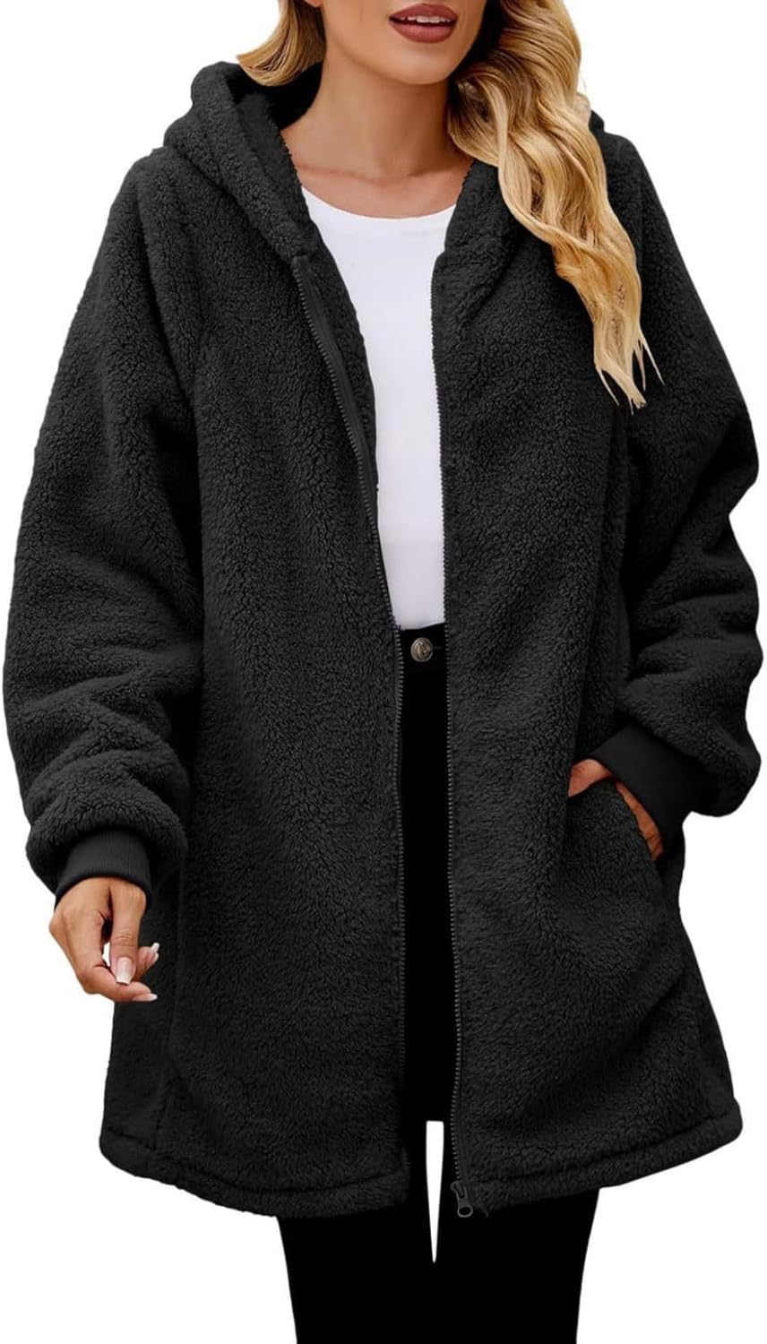 Women's Oversized Fleece Jacket Hooded Zip-Up Cardigan Coat with Pockets Warm Winter Casual Wear for Vacation - Image 2