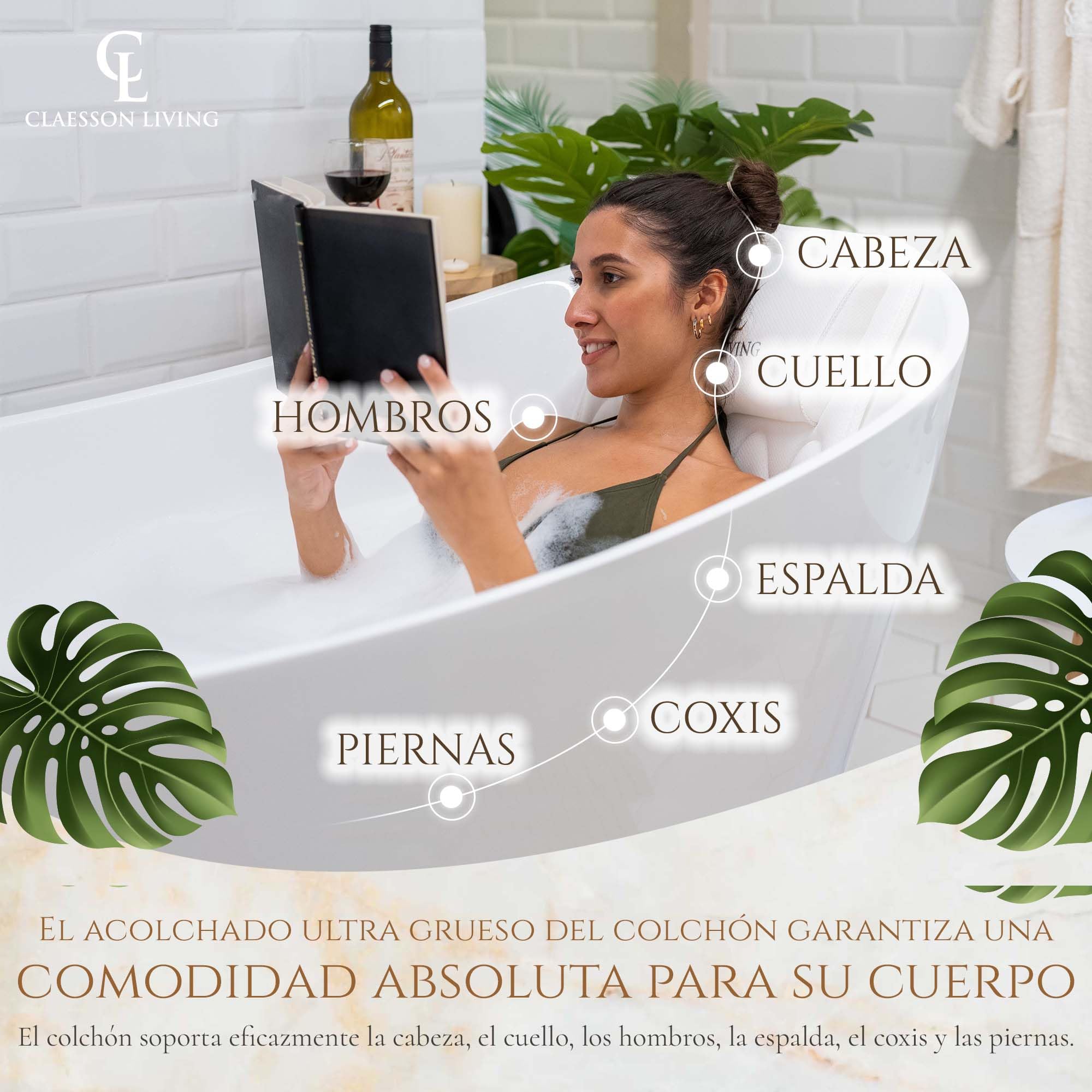 Cojin bañera (125x43cm) - Almohada bañera con apoyacabezas y Soportes para el Cuello, Espalda y piernas – Incluye: Bath Pillow, Bolsas de Lavado y de Viaje, Ganchos para Secado rápido sobre Blanco