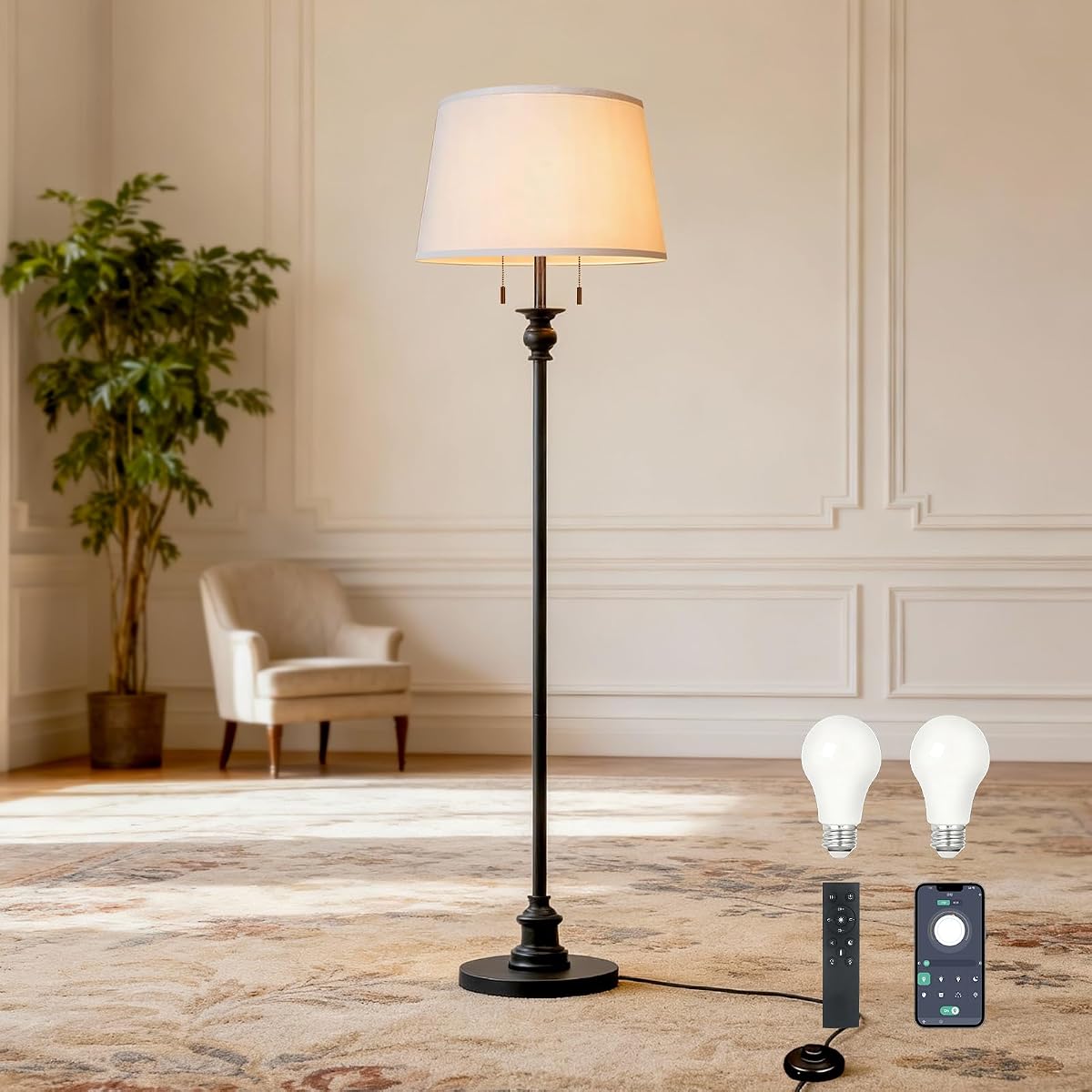 60'' Dimmable Matte Black Floor Lamp, Floor Lamps for Living Room | Stepless Dimming, 3 Color Temperatures, Pull Chain Switch , Foot Switch, Remote Control, APP Control, E26 Bulbs Included