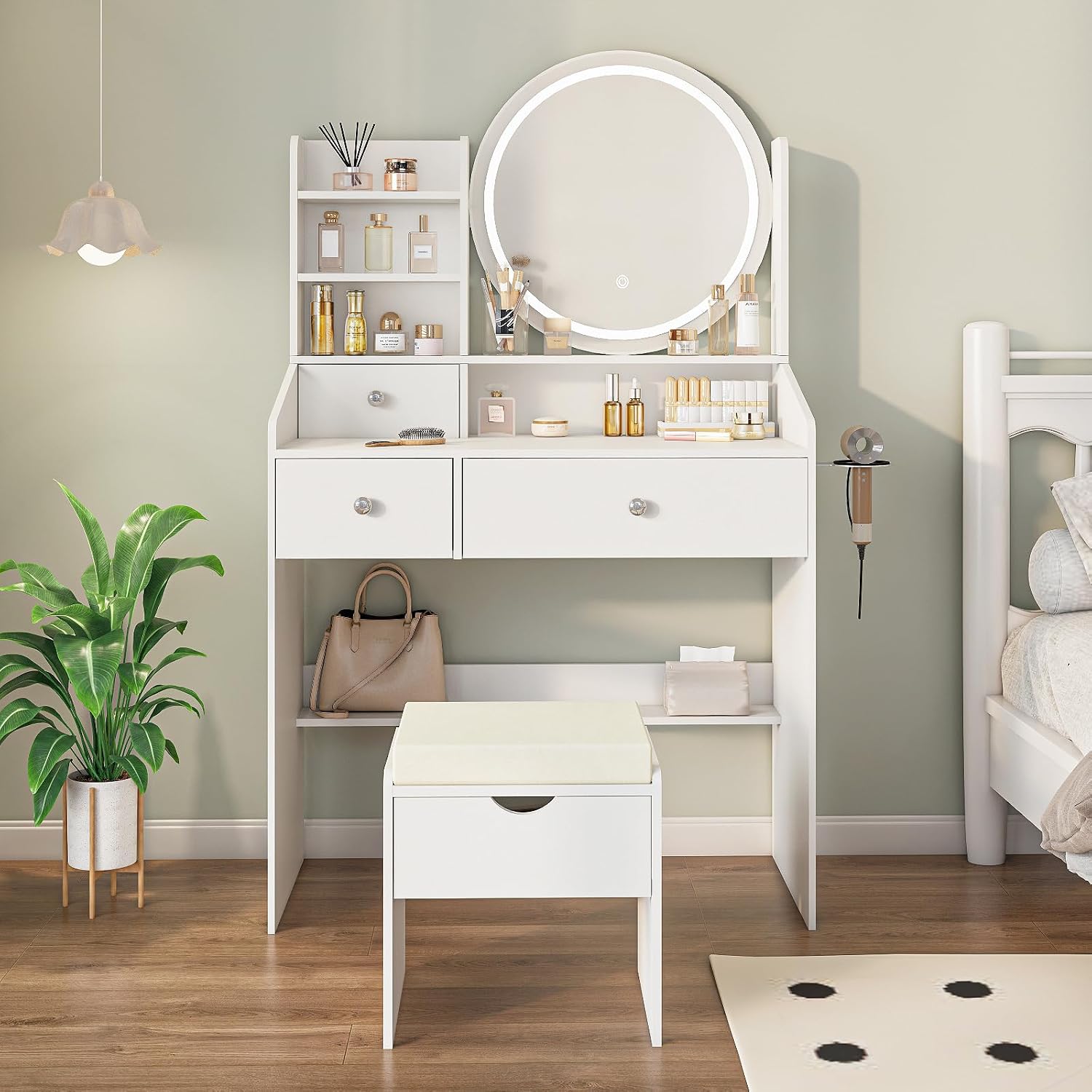 Viaozutis Vanity Desk with LED Mirror and Power Outlet, Makeup Vanity Table with Storage and Stool, 3 Lighting Modes, Compact Vanity for Bedroom, Small Space Beauty Station White