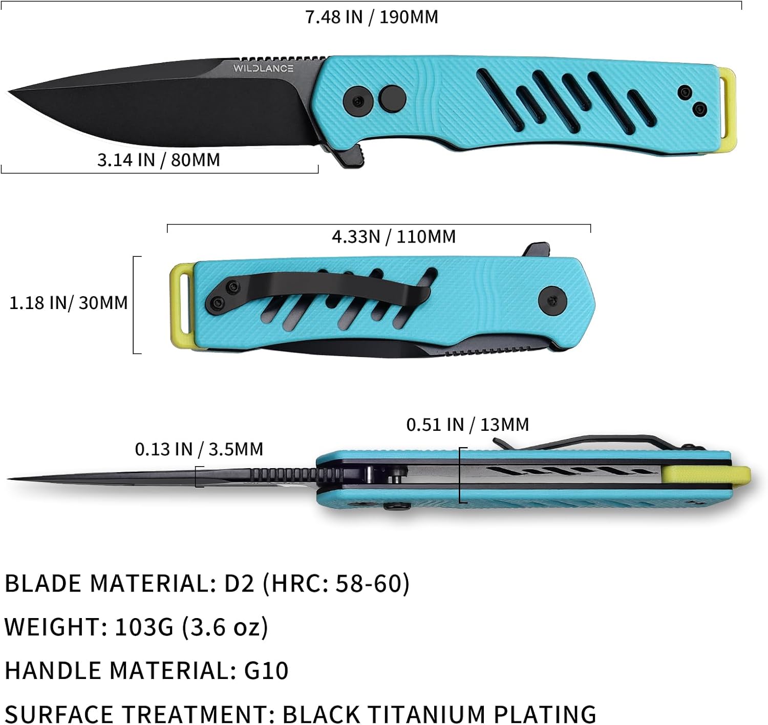 EDC Folding Pocket Knife - 3.14" D2 Steel Blade, Blue G10 Handle Lightweight ideal for Camping, Hiking & Survival, Gift for Men & Women
