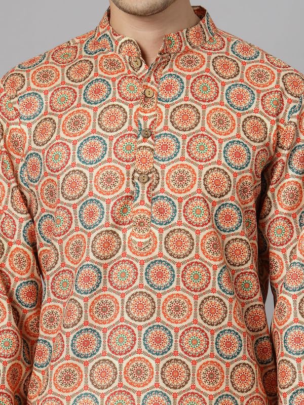 Image of Vastraa Fusion Men's Printed Kurta Pure Cotton Long Kurta, Round Collar, Full Sleeves, Button Kurta, Ethnic Wear