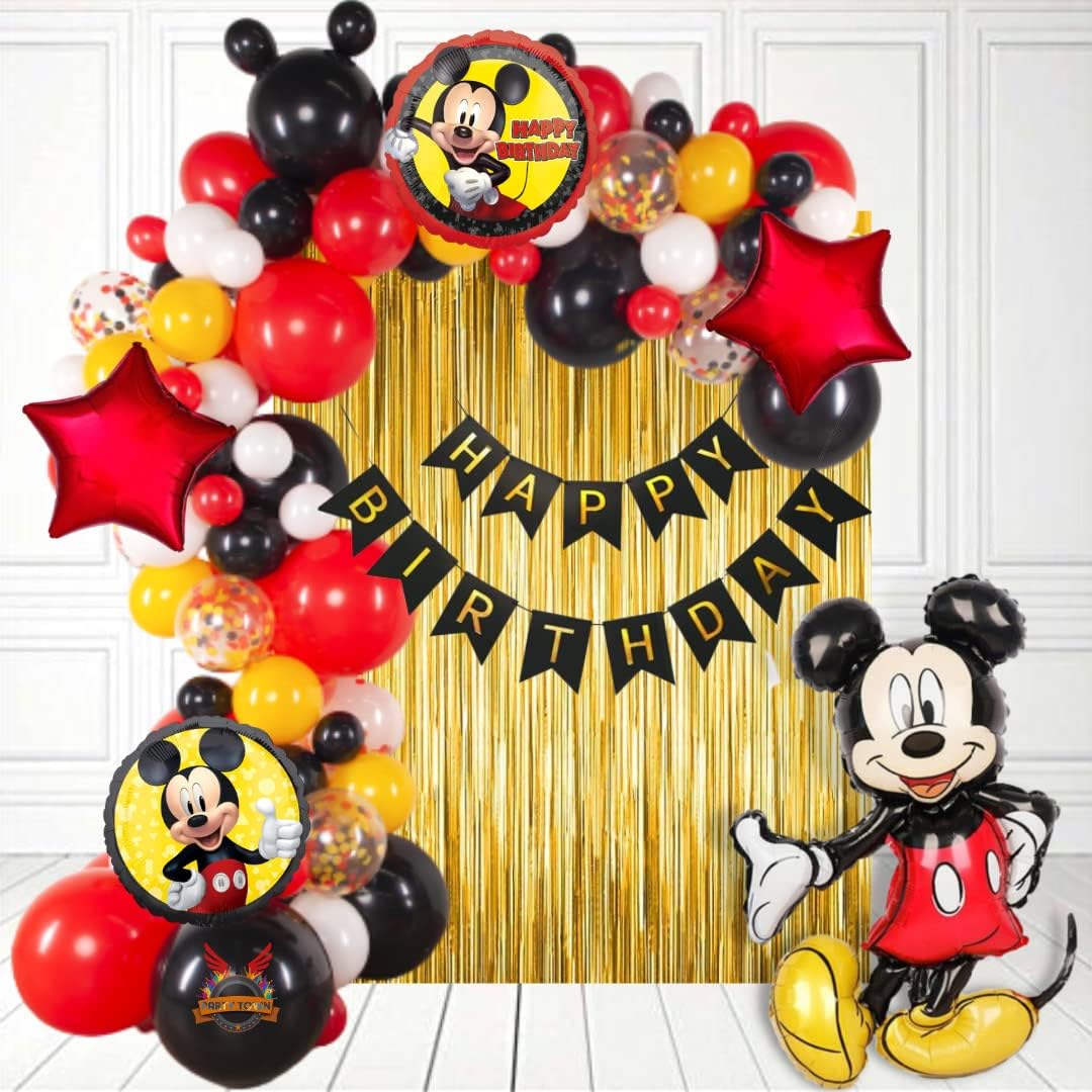 Party Town Mickey Mouse Birthday Balloon Pack - 70 Pcs | 32-Inch Foil + Metallic Latex Balloons, Paper Banner