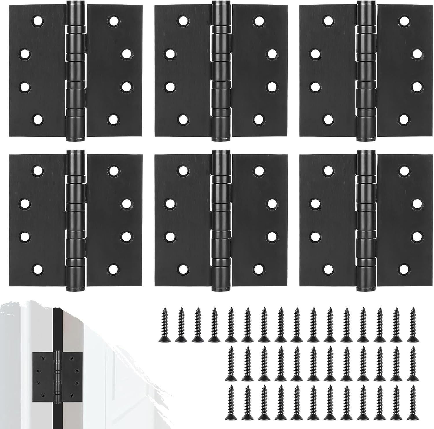 6Pcs Stainless Steel Black Door Hinges, 4 x 4 Inch Door Hinge with Ball Bearing, Heavy Duty Door Hardware, Door Hinges with Square Corners
