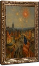 American Flag Fireworks Canvas Wall Art, Patriotic Small Town Street View Oil Painting Style, Framed Festive Celebration Artwork for Home Living Room Bedroom Decor, Nostalgic Americana Gallery Wrap