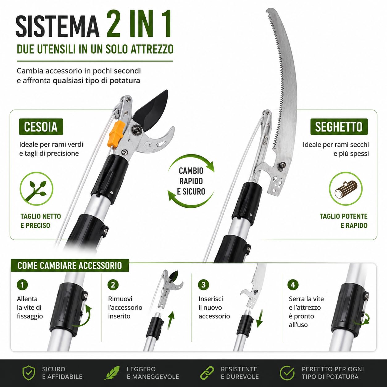 Cesoia Troncarami Telescopica 2 in 1 con Seghetto Intercambiabile 180-300 cm, Asta in Alluminio Leggera, Svettatoio Professionale per Potatura Alberi, Ulivo, Agrumi e Rami Alti