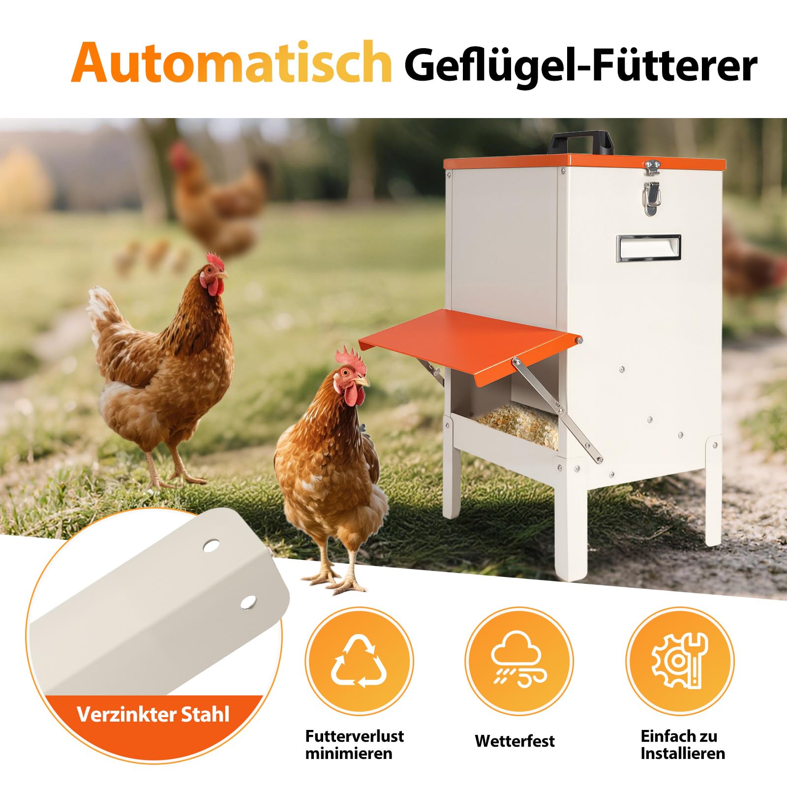 Automatischer Futterautomat Hühner Wandmontierter Geflügelfutterautomat, kein Abfallgeflügelfutterautomat, Hochbelastbarer Regenfester Futterautomat für Hühner, Enten, Gänseputen