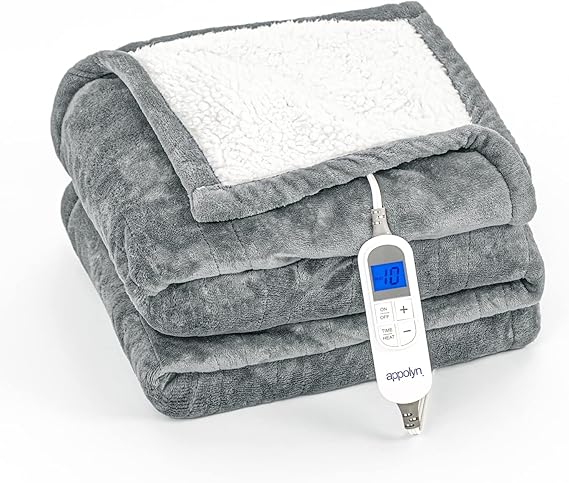 Review APPOLYN Electric Throw Heated Blanket 50” x 60”, 10 Heating Levels & 1-12 Hours Auto-Off, ETL Certified, Machine Washable, Grey