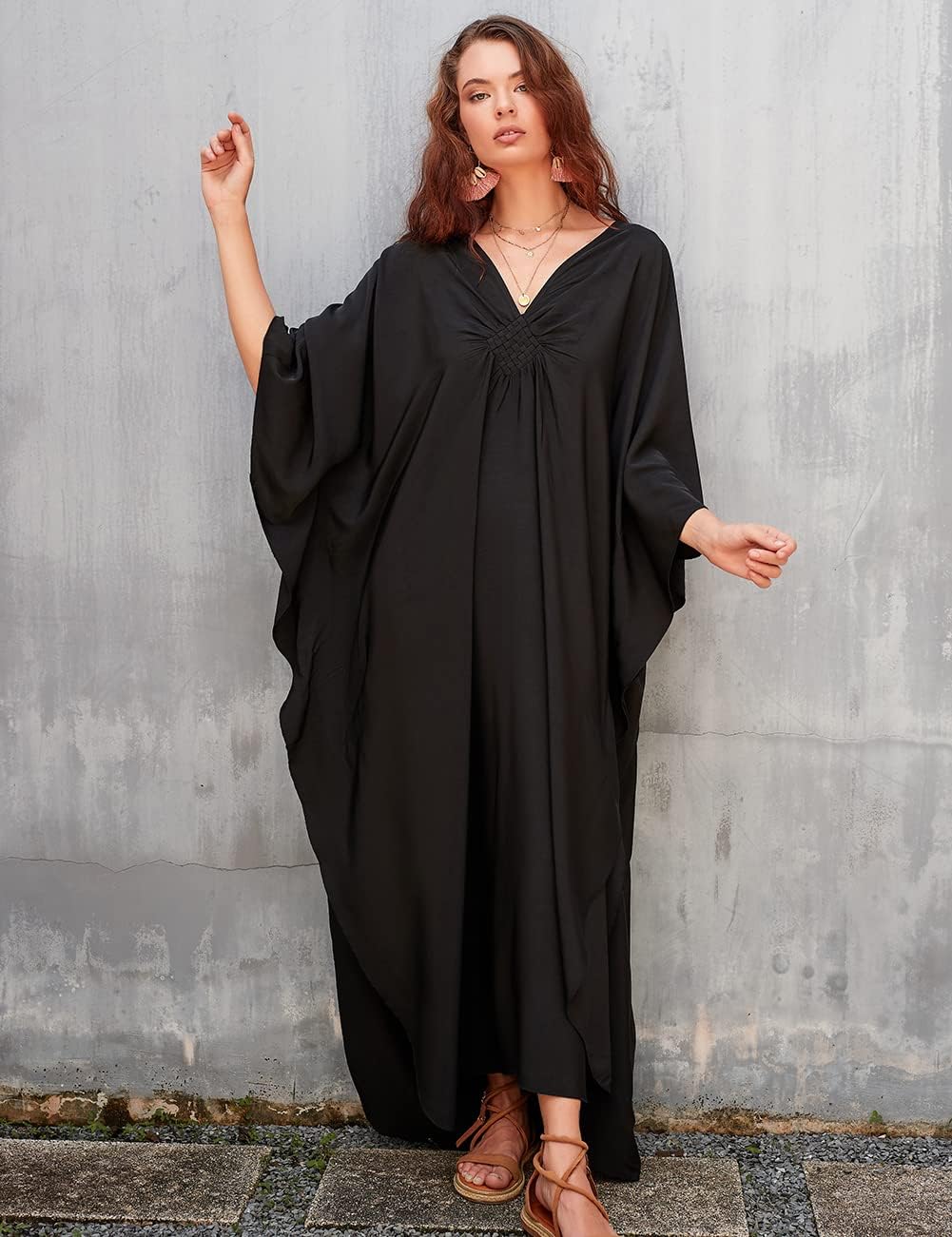 Bsubseach Women Solid Color Cover Up V Neck Batwing Sleeve Plus Size Beach Kaftan Dresses - Image 3