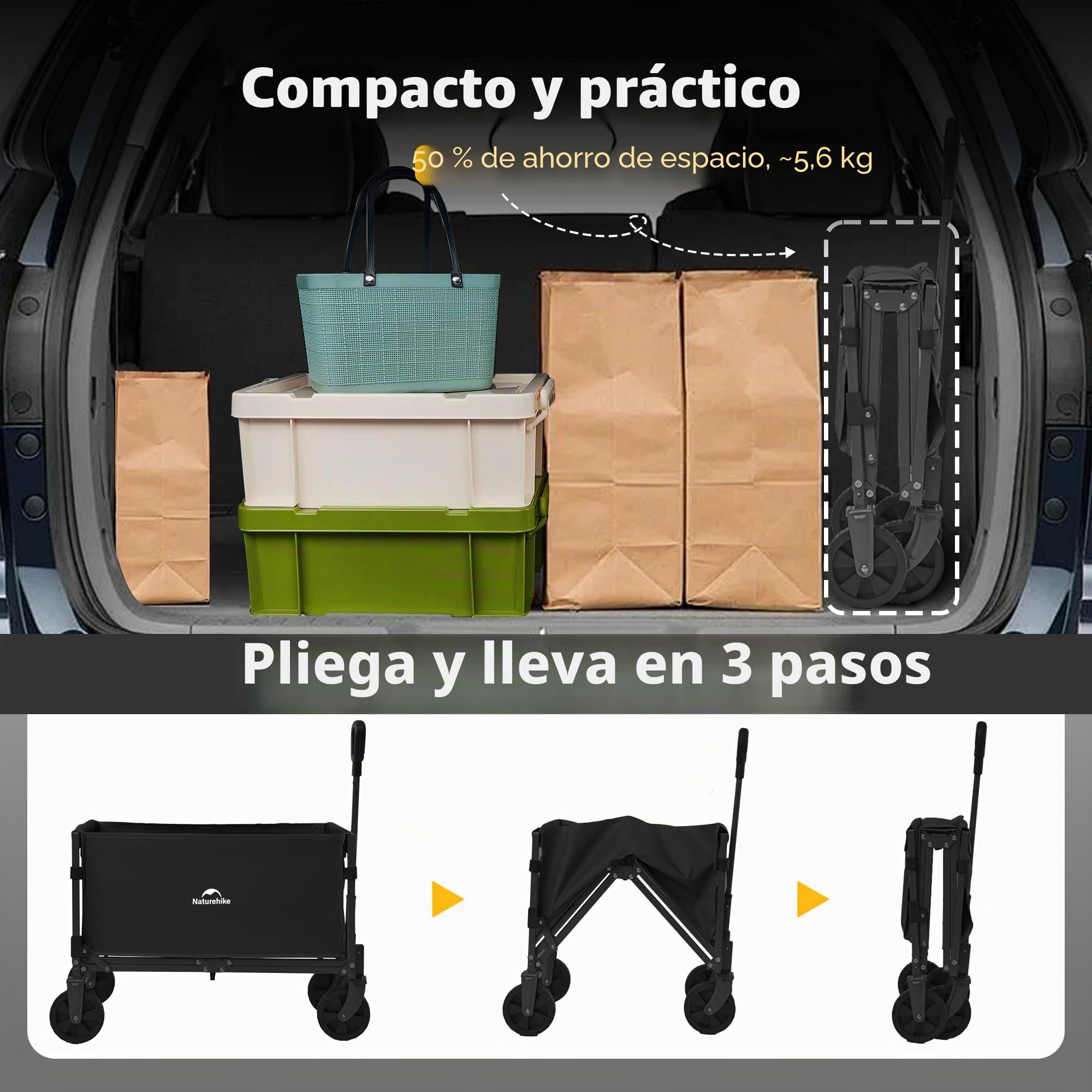 Naturehike 120kg Carro Playa Plegable con Ruedas Grandes, Carrito Camping Transporte para Jardín, Gran Vagón Plegable con Manija Ajustable & Bolsillos