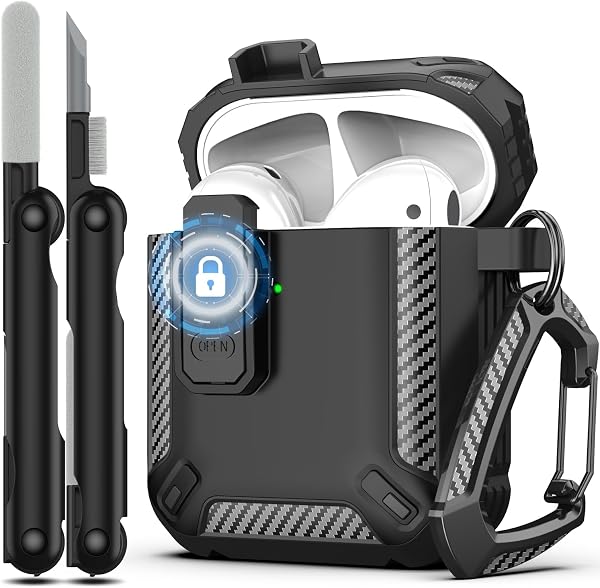 RFUNGUANGO AirPods 第 2 世代ケースカバー クリーナーキット付き ミリタリーハードシェル保護アーマー ロック付き AirPod Gen 1&2 充電ケース用 フロント LED 可視 ブラック - 1