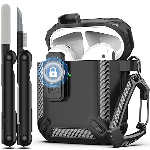 RFUNGUANGO for AirPod 2nd Generation Case Cover with Cleaner Kit, Military Hard Shell Protective Armor with Lock for AirPod Gen 1&2 Charging Case, Front LED Visible,Black - AirPods 2 Case - A-A-Black