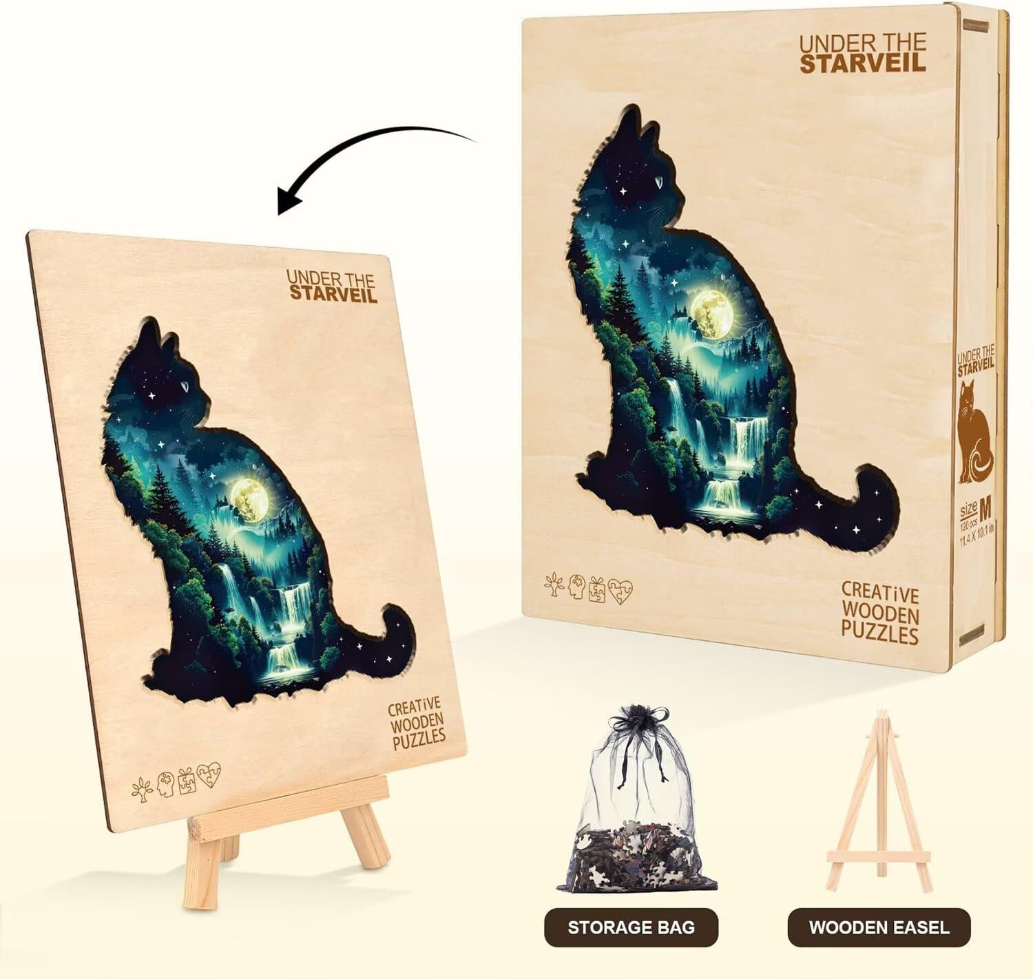 Cat Puzzles Forest Waterfall Nature Landscape Scenery Puzzle Adults Gift for Women Men Cat Lovers Wooden 170 Pieces, Unique Shape Animal Jigsaw Puzzles for Adults Holliday, 13.4 x 11.8in