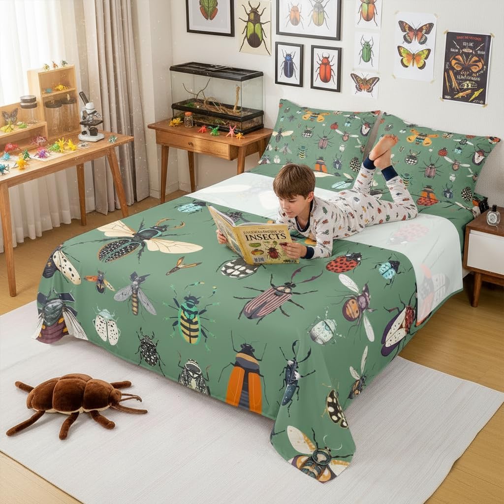 Castle Fairy Cartoon Beetles Bed Sheet Set King Size Nature Animals Coleoptera 4Pcs Beedings Set for Kids Teens Adult Room Decor Country Rustic Style Flat,Fitted Sheet,2 Pillowcases Dark Green