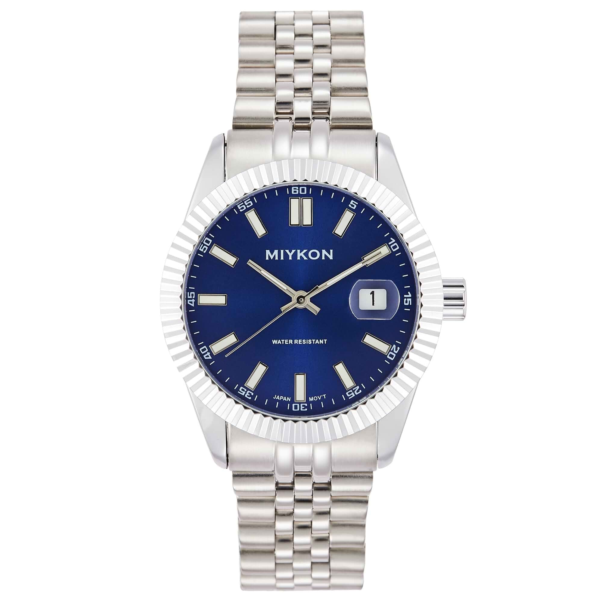 Miykon Men's Minimalist Dress Watch, Quickset Date, Stainless Steel Jubilee Fluted Bezel, Cyclops Lens, Luminous Markers, Solid Stainless Steel, Safety Buckle, Japanese Quartz, Water Resistant