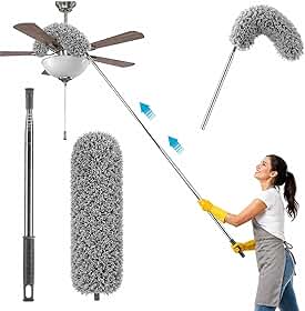 Espanador de Poeira em Microfibra, Flexível, com Haste Telescópica Extensível até 2,80m, para Ventiladores, Tetos e Cantos de Paredes