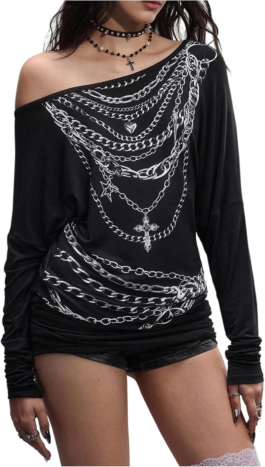 MakeMeChic Women's Y2K Punk Tees Long Sleeve Asymmetrical One Shoulder Fitted Tops