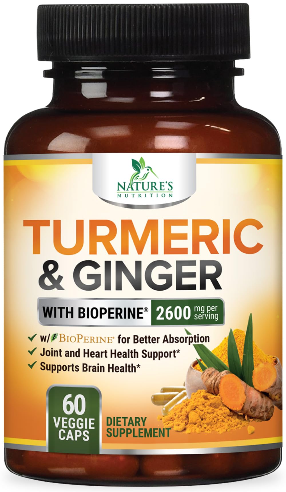 Turmeric Curcumin Supplement 2600mg - with Organic Ginger & Turmeric, BioPerine Black Pepper Extract 95% Curcuminoids - Advanced Absorption Joint & Antioxidant Extra Strength Support - 60 Capsules
