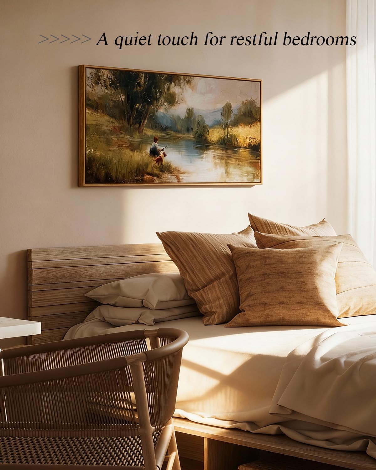 ARPEOTCY Rustic Landscape Wall Art for Living Room Fireplace Hallway, Large Framed Art, 20x40in,Vintage Farmhouse Earthy Moody Cozy Decor, Nature Boy Fishing Paintings Artwork for Spring Summer