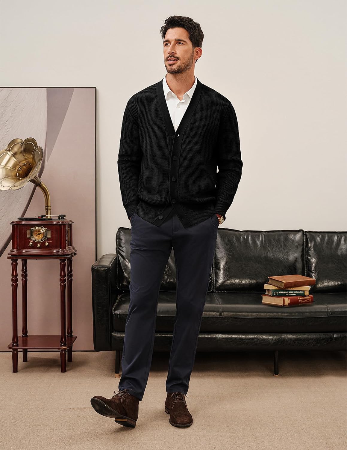 PJ PAUL JONES Mens Waffle Textured Cardigan Sweater Long Sleeve V-Neck Knitted Sweaters - Image 3